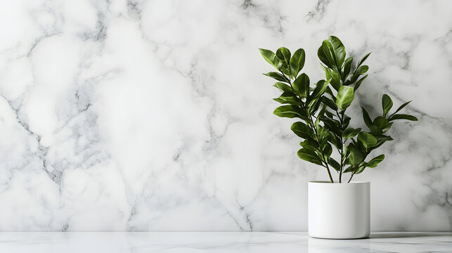 Still life photo of green plant pots against a marble background