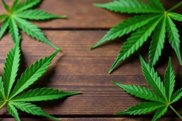 Naklejka premium Cannabis leaves & hemp oil products on wooden surface , therapy, green, oil