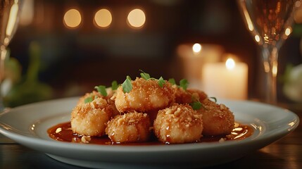 A luxurious Thai-inspired fine dining experience featuring an elegant plate of coconut-crusted chicken bites, artistically plated with Thai peanut sauce drizzled in a modern pattern,