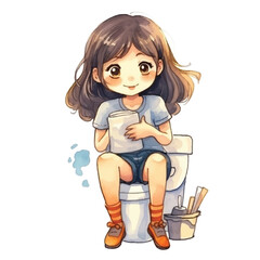 watercolors Cute woman on toilet illustration
