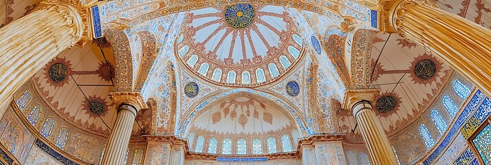 Naklejka premium Interior view of grand mosque architecture with colorful design, patterns, and architectural columns