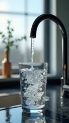 Clear, refreshing water flowing from a faucet into a glass