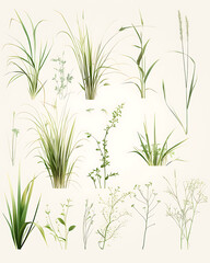 Fototapeta premium .Illustration of trees, leaves, grass and various botanical elements on a white background.