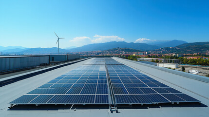 solar panel on factory roof with wind turbine and blue sky background