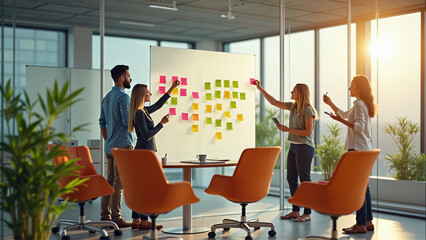 Team Brainstorming with Sticky Notes in Modern Office