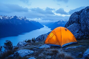 Illuminated Orange Tent Campsite Scenic Mountain Lake View