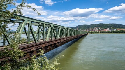 Green metal railway bridge spanning a wide river, leading to a town nestled in hills under a blue sky with fluffy clouds.