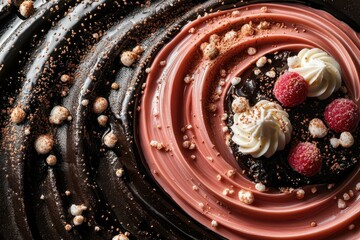 Exquisite Dessert Plating: A detailed close-up of an intricately plated dessert with artistic swirls of sauce 