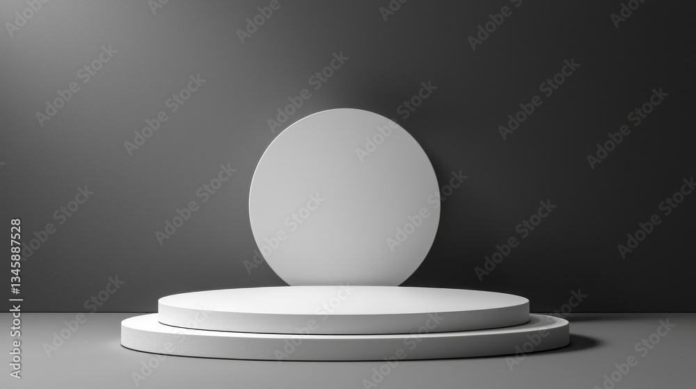 Poster A sleek and minimalist space showcases layered white platforms with a large circular backdrop against a dark gray wall, ideal for product presentations or artistic showcases