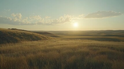 Fototapeta premium A beautiful landscape with fields and a setting sun in the distance
