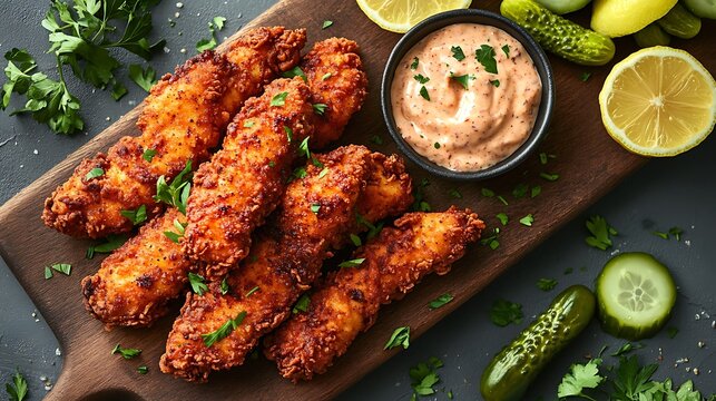 A rustic wooden serving board with crispy Cajun-spiced fried chicken strips, vibrant red-orange spice coating, served with a tangy Creole remoulade, surrounded by fresh herbs, lemon slices,