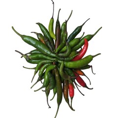 Fresh organic green and red chili peppers arranged in a circular pattern isolated on white background perfect for food and spice concept