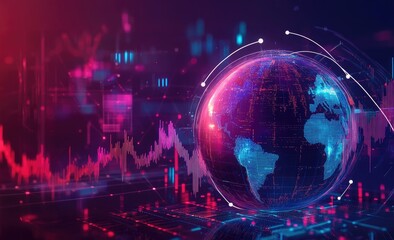 Global interconnectedness, data visualization, and financial trends.  Complex, digital representation of the earth.  Data streams and charts illustrate global economic activity