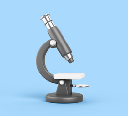 3d black lab microscope isolated on blue background. Render realistic icon of scientific laboratory equipment for microbiology, medical, chemistry or biology tests, sample analysis. 3D illustration