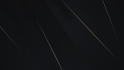 Luxury polygonal abstract black metal background with golden light lines. Dark 3d geometric texture illustration. Diamonds square pattern. Pure dark grey diagonal lines banner Carbon elegant wallpaper