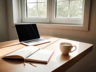 Fototapeta premium Sunny Workspace Setup with Laptop and Coffee