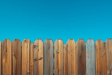 Fototapeta premium wooden fence against blue sky, copy space, mock up, banner, wooden background