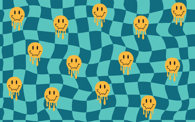 Seamless pattern with melted emojis. Background with 70s groovy chessboard texture in blue shades.