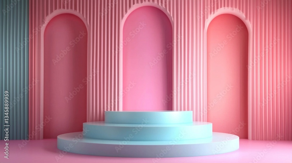 Poster Soft pastel colors adorn an artistic display space with three elegant arches. A tiered platform invites creativity, set against textured walls that inspire artistic expression