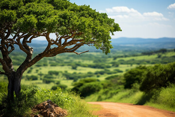 verdant expanse of African savanna bursts with life, as vibrant foliage stretches as far as eye can see, a testament to eternal rhythm of nature bounty in this thriving wilderness