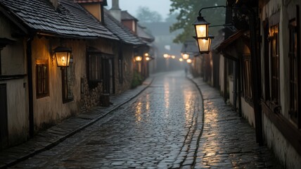 Fototapeta premium Rainy Cobblestone Street at Night with Gas Lamps