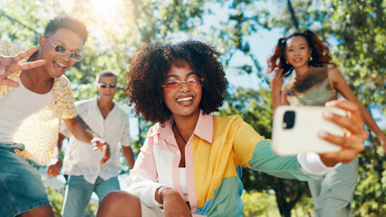 Hangout, happy or friends in park for selfie together for cool fashion, bonding and reunion. People, social media influencers and men with women in outdoor nature for picture, vacation or holiday