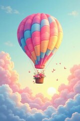 Fototapeta premium Pastel Hot Air Balloon Ascending Through a Dreamlike Sky at Sunrise with a Basket of Flowers and Butterflies