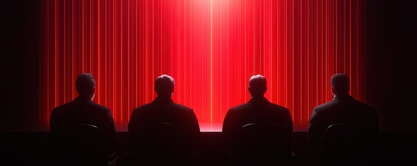 Three silhouettes sit in front of a bright red curtain, creating a mysterious and dramatic atmosphere.