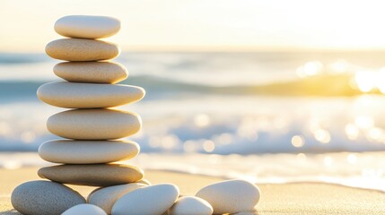 Stacked Stones By The Sea With Gentle Waves In View