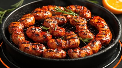 Grilled spicy sausages in a black pan with rosemary and orange slices.