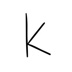 Slim letter k of latin english language. Black font symbol in hand drawn doodle style. Vector illustration isolated on white background. For presentation, logo, branding, font, education.