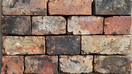 Fototapeta premium Close-up of a rustic brick wall with brown, red, and grey tones, showcasing the texture of aged and weathered bricks