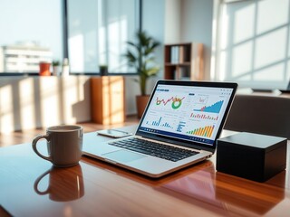 Fototapeta premium Laptop with Financial Graphs on Wooden Desk in Office