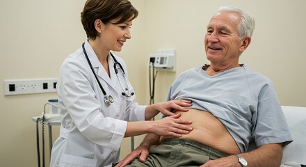 Obraz premium Doctor Examining Senior Patient's Abdomen in Clinic for Medical Care