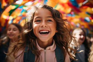 vibrant energy of children radiates through their playful interaction with kaleidoscope of colors in rainbow, showcasing their innocence and pure delight