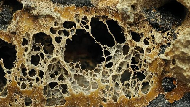 Detailed view of porous rock formation showcasing intricate natural patterns and textures found in geological structures