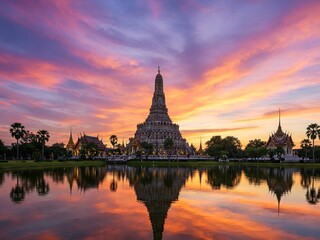 Fototapeta premium A Stunning Sunset Reflects on the Wat Arun Temple in Thailand