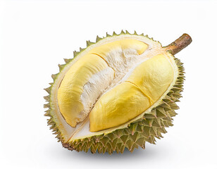 Fototapeta premium Ripe Durian fruit cut in half isolated on white background. Clipping path.