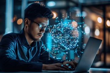 Obraz premium Businessman using laptop to access artificial intelligence, Ai, closeup shot