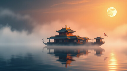 Obraz premium Iridescent colors shimmer over an ancient floating temple, traditional Asian architecture, golden lights through mist over calm water, moonlight reflections, infographic style, peaceful and mystical.