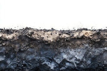 Cross-section of soil layers revealing topsoil, subsoil, and bedrock, showing texture and composition.