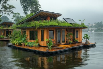 Floating ecovillage showcasing sustainability and circular economy in a closed-loop system scenic waterway eco-friendly design innovative living