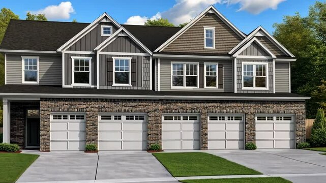 Newly constructed townhome with modern design and spacious garages in a suburban neighborhood