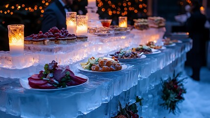 A grand winter gala featuring a towering ice-carved food station, chefs serving plated gourmet dishes over elegant frozen platforms,