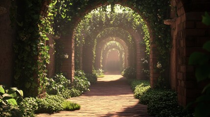 Obraz premium A brick pathway leads through a series of arched green gateways