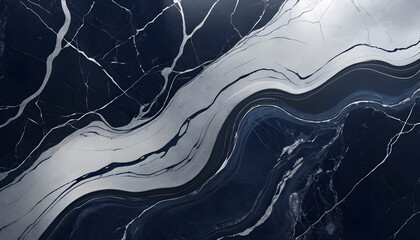 Luxury Dark Marble Texture with Silver Veins and Abstract Fluid Swirling Patterns