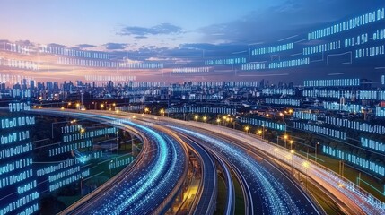 Abstract cityscape at sunset with flowing digital data streams and binary code representing technological advancement and innovation.