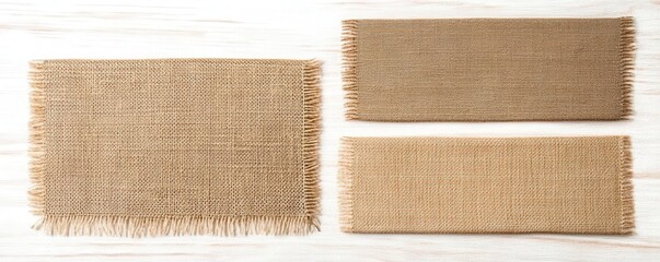 Three textured burlap mats in varying sizes arranged on a light wooden surface, showcasing a natural, rustic aesthetic.