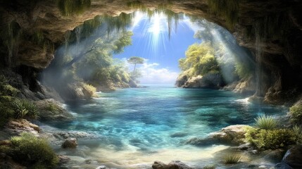 Sunlit Cave Opening to a Tranquil Coastal Cove
