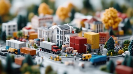 Miniature city model with colorful buildings, containers, and vehicles